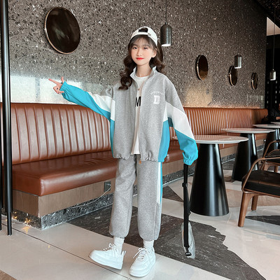 Mergaičių megztinis su užtrauktuku su užtrauktuku su užtrauktuku + sportinės kelnės, vaikiškas sportinis kostiumas, 2 dalių apranga, mokinių bėgimo kelnių rinkiniai 3–14 m.