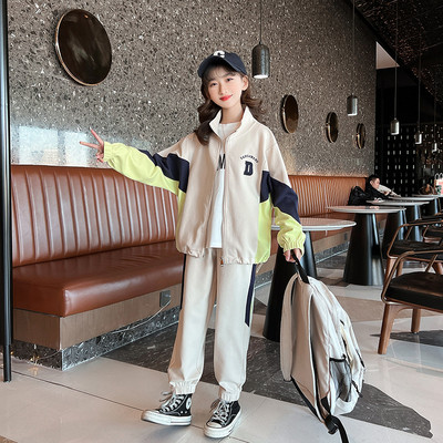 Mergaičių megztinis su užtrauktuku su užtrauktuku su užtrauktuku + sportinės kelnės, vaikiškas sportinis kostiumas, 2 dalių apranga, mokinių bėgimo kelnių rinkiniai 3–14 m.