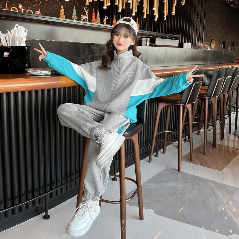 Mergaičių megztinis su užtrauktuku su užtrauktuku su užtrauktuku + sportinės kelnės, vaikiškas sportinis kostiumas, 2 dalių apranga, mokinių bėgimo kelnių rinkiniai 3–14 m.