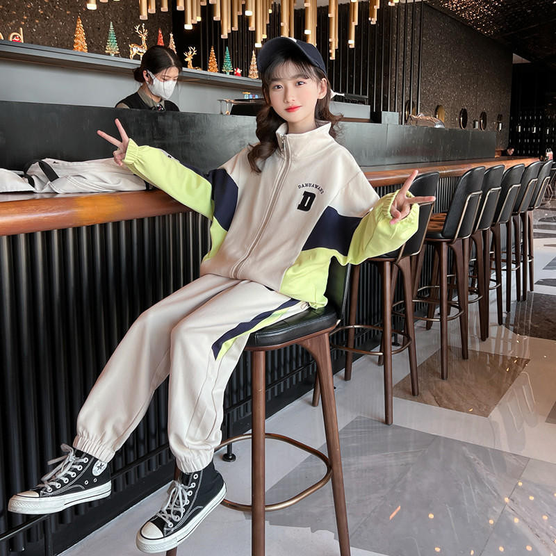 Mergaičių megztinis su užtrauktuku su užtrauktuku su užtrauktuku + sportinės kelnės, vaikiškas sportinis kostiumas, 2 dalių apranga, mokinių bėgimo kelnių rinkiniai 3–14 m.