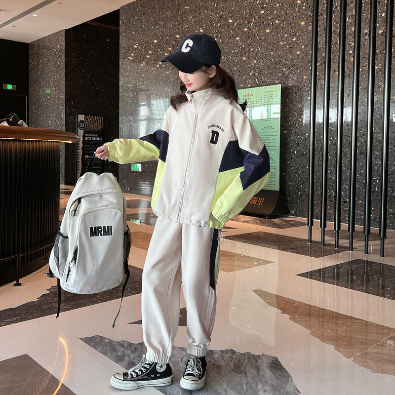 Mergaičių megztinis su užtrauktuku su užtrauktuku su užtrauktuku + sportinės kelnės, vaikiškas sportinis kostiumas, 2 dalių apranga, mokinių bėgimo kelnių rinkiniai 3–14 m.