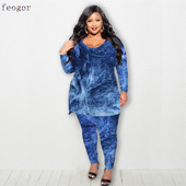 Γυναικεία Ρούχα Plus Size Σετ δύο τεμαχίων Μεγάλο Φθινόπωρο 2023 Χειμώνας Νέα Φανελένια Αθλητικά Μόδα Βαμμένα κοστούμια Urban Casual Home