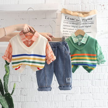 Βρεφικά ρούχα Ρούχα για μωρά αγόρια Σετ ρούχων Φθινόπωρο Παιδικό ριγέ πλεκτό γιλέκο καρό πουκάμισο Τζιν αθλητική φόρμα Παιδικά αθλητικά