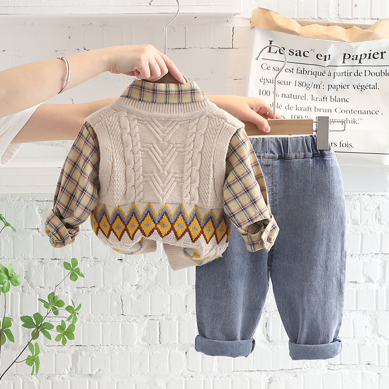 Φθινοπωρινό σετ παιδικών ρούχων για αγόρια Πλεκτό γιλέκο πουκάμισο Τζιν 3 τμχ Κοστούμι Βρεφική αθλητική φόρμα Βρεφικά ρούχα Παιδικά αθλητικά ρούχα