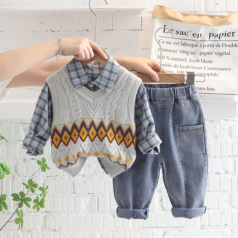 Φθινοπωρινό σετ παιδικών ρούχων για αγόρια Πλεκτό γιλέκο πουκάμισο Τζιν 3 τμχ Κοστούμι Βρεφική αθλητική φόρμα Βρεφικά ρούχα Παιδικά αθλητικά ρούχα