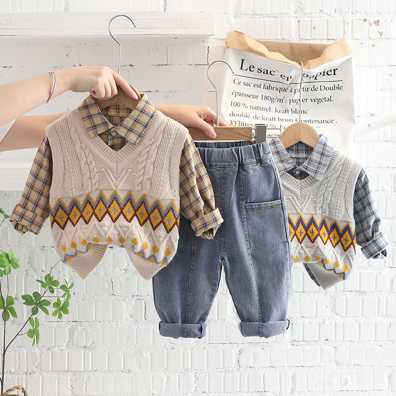 Φθινοπωρινό σετ παιδικών ρούχων για αγόρια Πλεκτό γιλέκο πουκάμισο Τζιν 3 τμχ Κοστούμι Βρεφική αθλητική φόρμα Βρεφικά ρούχα Παιδικά αθλητικά ρούχα