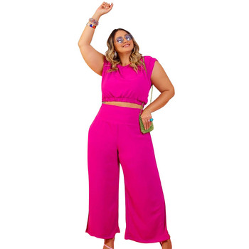 Улично облекло Сплит дълги панталони Екипировка за жени Комплект от две части Укорочени горнища без ръкави Секси дрехи с голям размер Едноцветни дрехи на едро