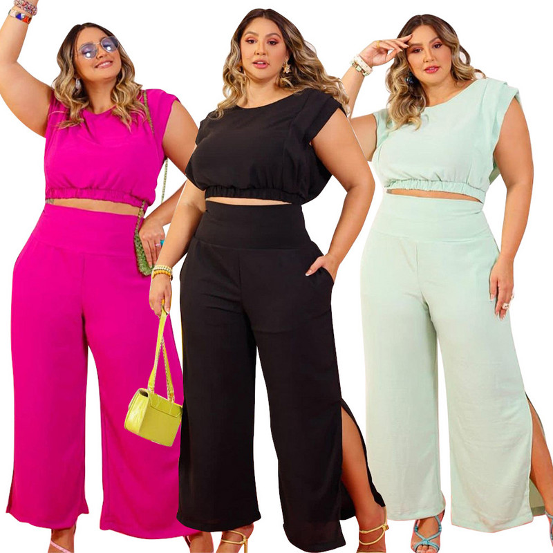 Tänavarõivad jaotatud pikad püksid naiste komplektid, kaheosaline komplekt, varrukateta kärbitud topid Seksikad plusssuuruses rõivad ühevärvilised hulgimüük