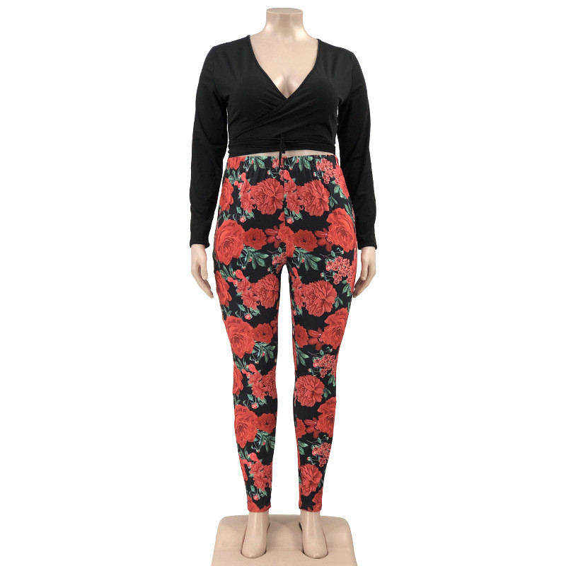 SOMO Elastic Plus Size Γυναικεία Ρούχα Σετ δύο τεμαχίων Skinny V λαιμόκοψη και εμπριμέ μακριά παντελόνια ρούχα Χονδρική Dropshipping