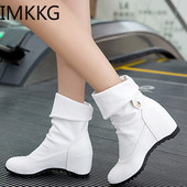 Γυναικείες μπότες 2021 Δερμάτινες μπότες Wedges Mid Calf Χειμερινά γυναικεία παπούτσια casual Ψηλοτάκουνες μπότες Botines Mujer Y10266
