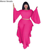 Meren Verado Femei Elegante Moda Solid Plus Size Loose Două Piese Seturi O-Gât Gură Lată Mâneci întregi & tiv Agaric Pantaloni Costume