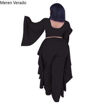 Meren Verado Дамски елегантни модни плътни големи размери Свободни комплекти от две части, О-образно деколте, широки уста, цял ръкав и панталони с подгъв от агаричен подгъв