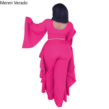 Meren Verado Дамски елегантни модни плътни големи размери Свободни комплекти от две части, О-образно деколте, широки уста, цял ръкав и панталони с подгъв от агаричен подгъв