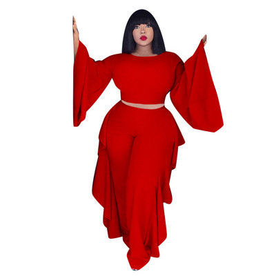 Meren Verado Femei Elegante Moda Solid Plus Size Loose Două Piese Seturi O-Gât Gură Lată Mâneci întregi & tiv Agaric Pantaloni Costume