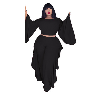 Meren Verado Femei Elegante Moda Solid Plus Size Loose Două Piese Seturi O-Gât Gură Lată Mâneci întregi & tiv Agaric Pantaloni Costume