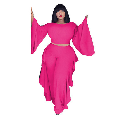 Meren Verado Femei Elegante Moda Solid Plus Size Loose Două Piese Seturi O-Gât Gură Lată Mâneci întregi & tiv Agaric Pantaloni Costume