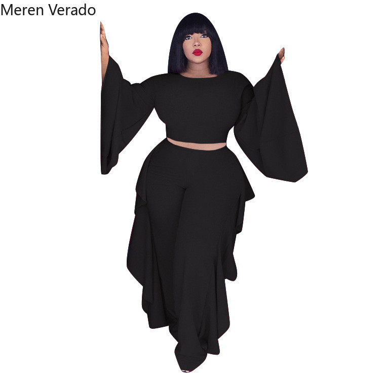 Meren Verado Γυναικείες Κομψές Μόδα Στερεό Plus μέγεθος Χαλαρά σετ δύο τεμαχίων με φαρδύ λαιμόκοψη με πλήρες μανίκι & κοστούμια παντελονιού με στρίφωμα Agaric