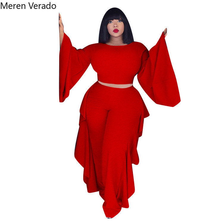 Meren Verado Γυναικείες Κομψές Μόδα Στερεό Plus μέγεθος Χαλαρά σετ δύο τεμαχίων με φαρδύ λαιμόκοψη με πλήρες μανίκι & κοστούμια παντελονιού με στρίφωμα Agaric