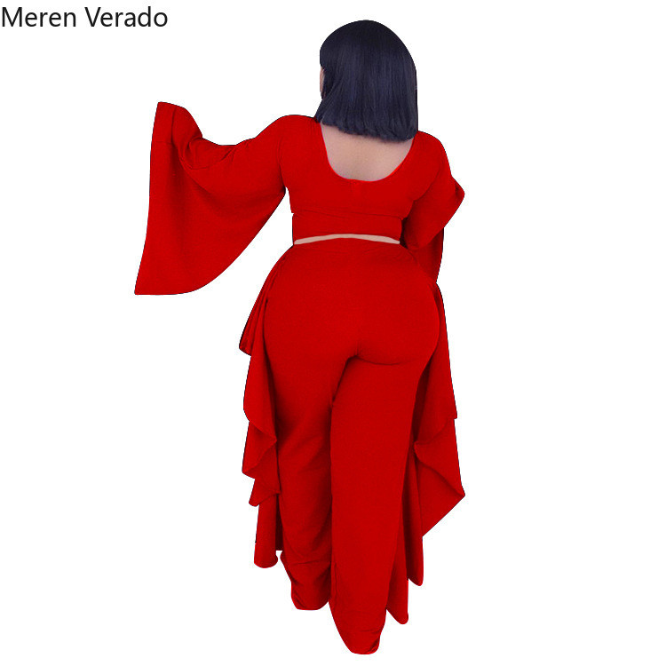 Meren Verado Γυναικείες Κομψές Μόδα Στερεό Plus μέγεθος Χαλαρά σετ δύο τεμαχίων με φαρδύ λαιμόκοψη με πλήρες μανίκι & κοστούμια παντελονιού με στρίφωμα Agaric