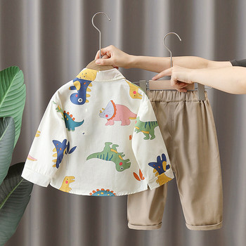 Βρεφικά ρούχα φθινοπωρινά αγόρια Βρεφικά κινούμενα σχέδια δεινόσαυρος μακρυμάνικο πουκάμισο και παντελόνι συνονθύλευμα παιδικό κολάρο με γυριστό κάτω Κοστούμι παντελόνι Cargo