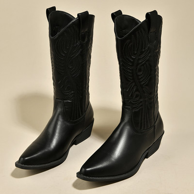 Μαύρες τετράγωνες γόβες Mid Calf Γυναικείες Μπότες Pu Δερμάτινες Μυτερές Μπότες Cowgirl Γυναικεία Ρετρό Κέντημα Western Booties Mujer 41