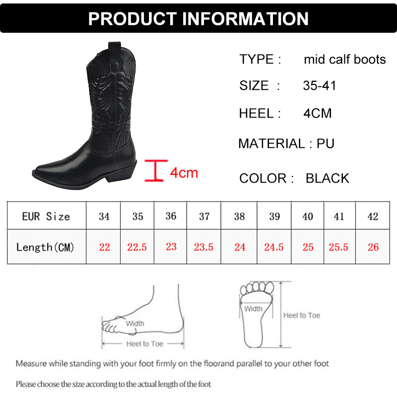 Μαύρες τετράγωνες γόβες Mid Calf Γυναικείες Μπότες Pu Δερμάτινες Μυτερές Μπότες Cowgirl Γυναικεία Ρετρό Κέντημα Western Booties Mujer 41