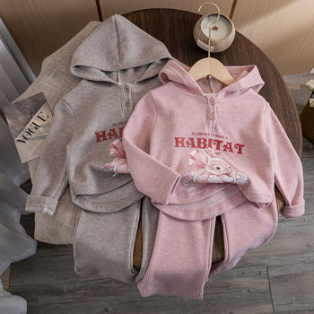 Φθινοπωρινά ρούχα για κορίτσια 2023 Μοντέρνο πουλόβερ με κουκούλα Cartoon Rabbit Print Flare Παντελόνι 2 τμχ Σετ για κορίτσια Ανοιξιάτικα casual ρούχα