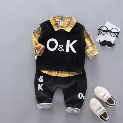 Φθινοπωρινό μωρό αγόρι 3 τεμάχια σετ ρούχων Βρεφικό γράμμα πλεκτό γιλέκο παλτό καρό πουκάμισο τοπ και κοστούμι παντελόνι Παιδική φόρμα φόρμας μόδας