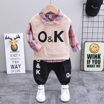 Φθινοπωρινό μωρό αγόρι 3 τεμάχια σετ ρούχων Βρεφικό γράμμα πλεκτό γιλέκο παλτό καρό πουκάμισο τοπ και κοστούμι παντελόνι Παιδική φόρμα φόρμας μόδας