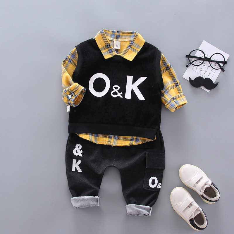 Φθινοπωρινό μωρό αγόρι 3 τεμάχια σετ ρούχων Βρεφικό γράμμα πλεκτό γιλέκο παλτό καρό πουκάμισο τοπ και κοστούμι παντελόνι Παιδική φόρμα φόρμας μόδας