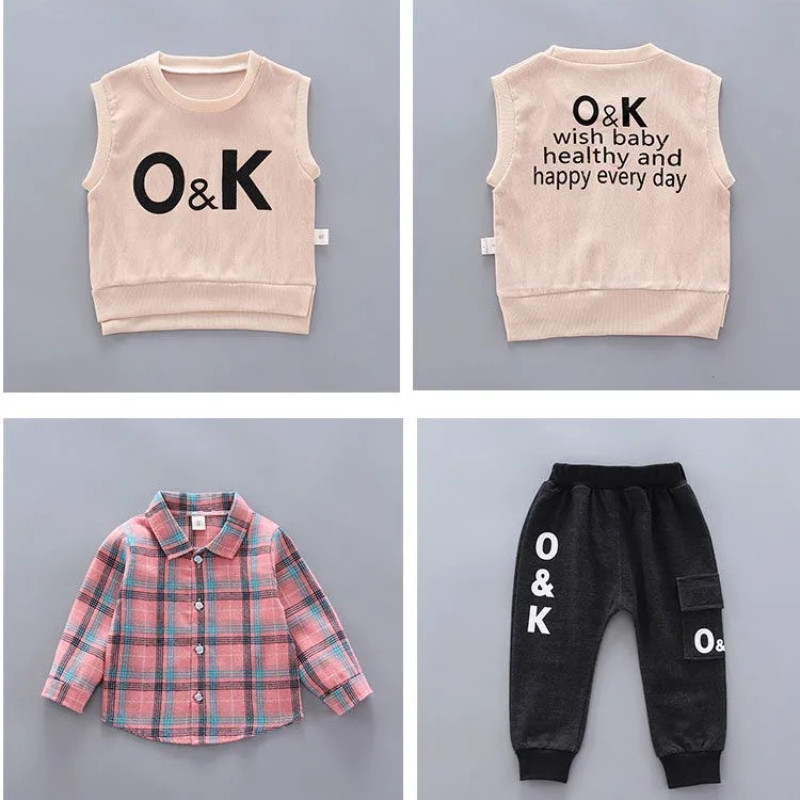 Φθινοπωρινό μωρό αγόρι 3 τεμάχια σετ ρούχων Βρεφικό γράμμα πλεκτό γιλέκο παλτό καρό πουκάμισο τοπ και κοστούμι παντελόνι Παιδική φόρμα φόρμας μόδας