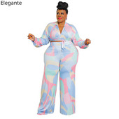 Sügisene suures suuruses naiste rõivad Tänavarõivad Trükkimine Kaheosaline komplekt Naistele V-kaelusega pikkade varrukatega särk Laia säärega püksid vabaaja ülikond