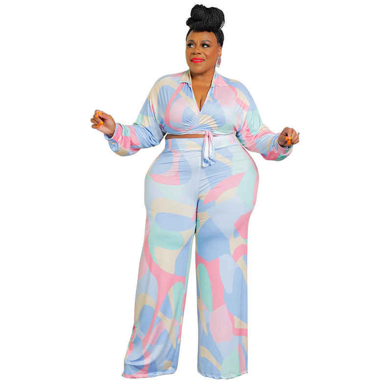 Sügisene suures suuruses naiste rõivad Tänavarõivad Trükkimine Kaheosaline komplekt Naistele V-kaelusega pikkade varrukatega särk Laia säärega püksid vabaaja ülikond