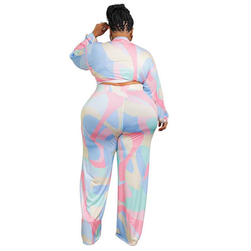 Sügisene suures suuruses naiste rõivad Tänavarõivad Trükkimine Kaheosaline komplekt Naistele V-kaelusega pikkade varrukatega särk Laia säärega püksid vabaaja ülikond