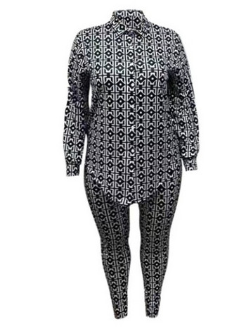 LW Плюс размер Комплект панталони с геометричен принт с бандажен дизайн 2 бр. Комплект панталони с дълъг ръкав + панталон Дамски есенен костюм
