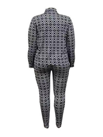 LW Плюс размер Комплект панталони с геометричен принт с бандажен дизайн 2 бр. Комплект панталони с дълъг ръкав + панталон Дамски есенен костюм