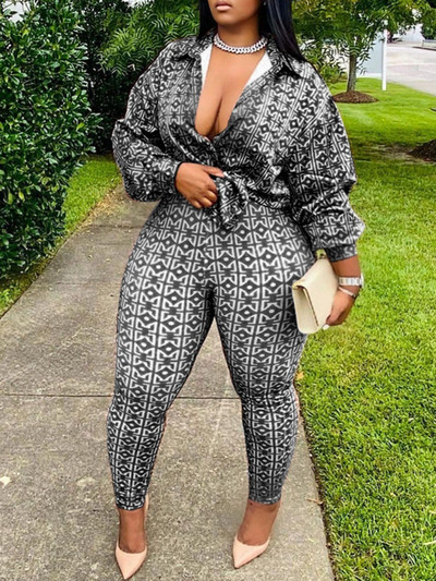 Σετ παντελόνι LW Plus Size Geometric Print Bandage Design Σετ παντελόνι 2 τμχ Σετ μακρυμάνικο+παντελόνι Γυναικείο φθινοπωρινό κοστούμι