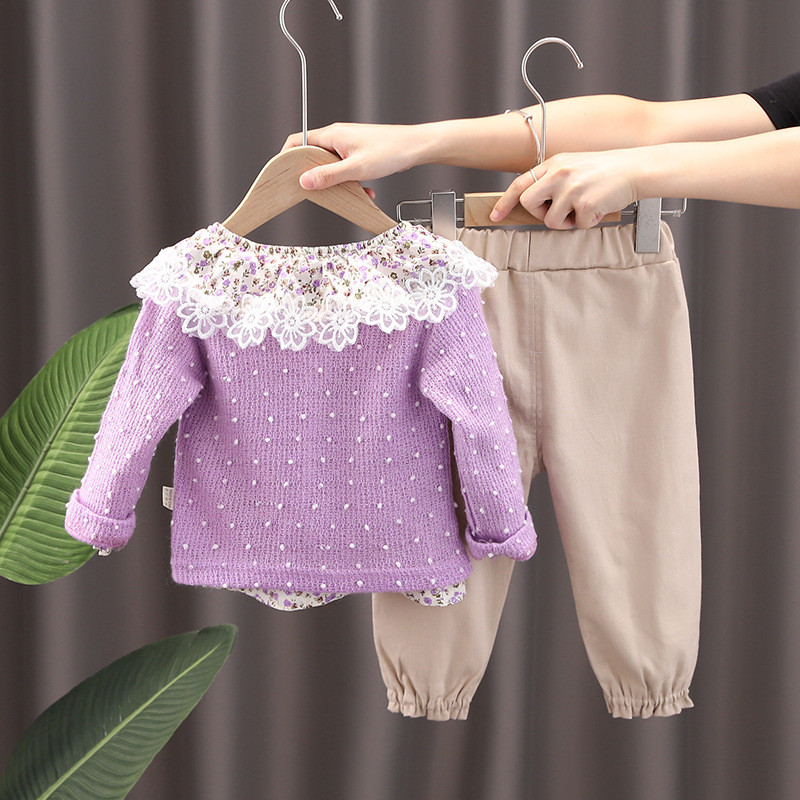 Κοστούμι κοριτσιού για παιδικά ρούχα 2023 Νέο κορεατικό στυλ Παιδικό ξένο στυλ 1-5 ετών Βρεφικό πουλόβερ τριών τεμαχίων