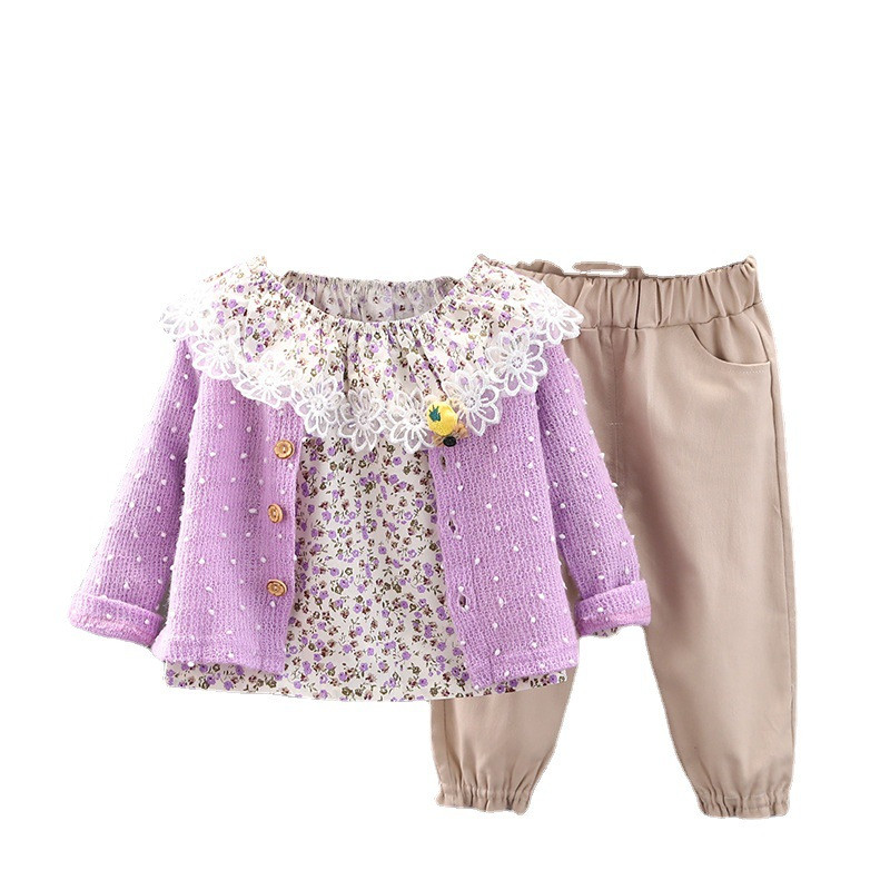 Κοστούμι κοριτσιού για παιδικά ρούχα 2023 Νέο κορεατικό στυλ Παιδικό ξένο στυλ 1-5 ετών Βρεφικό πουλόβερ τριών τεμαχίων