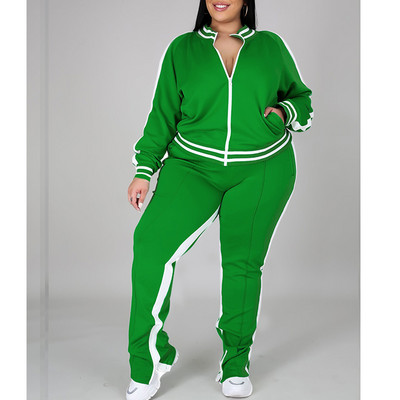 Primăvara toamnă Tendință la modă Plus mărime Set două piese Îmbrăcăminte sport pentru femei costum de trening supradimensionat cu fermoar Pantaloni de sport cu fante în dungi