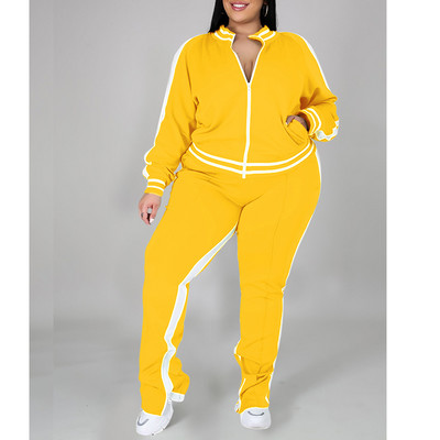 Primăvara toamnă Tendință la modă Plus mărime Set două piese Îmbrăcăminte sport pentru femei costum de trening supradimensionat cu fermoar Pantaloni de sport cu fante în dungi