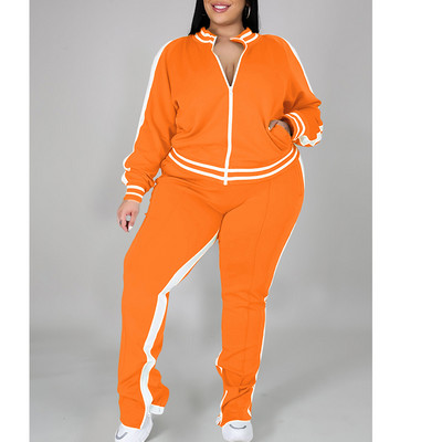 Primăvara toamnă Tendință la modă Plus mărime Set două piese Îmbrăcăminte sport pentru femei costum de trening supradimensionat cu fermoar Pantaloni de sport cu fante în dungi