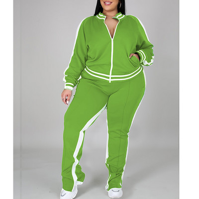 Primăvara toamnă Tendință la modă Plus mărime Set două piese Îmbrăcăminte sport pentru femei costum de trening supradimensionat cu fermoar Pantaloni de sport cu fante în dungi