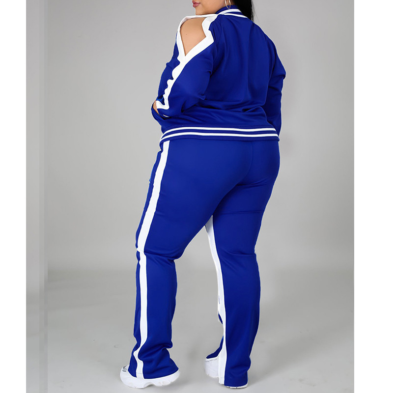 Primăvara toamnă Tendință la modă Plus mărime Set două piese Îmbrăcăminte sport pentru femei costum de trening supradimensionat cu fermoar Pantaloni de sport cu fante în dungi