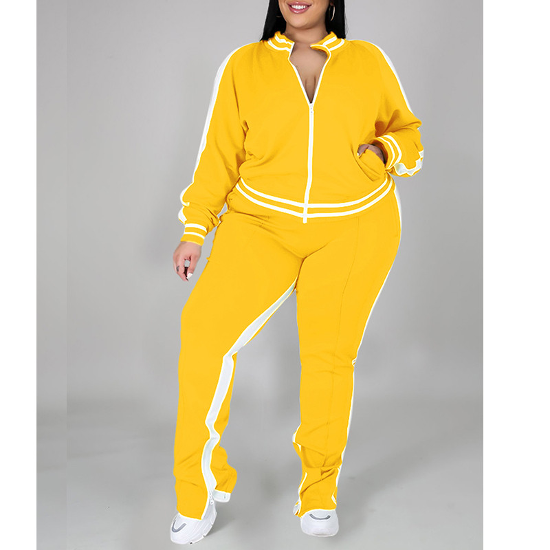 Primăvara toamnă Tendință la modă Plus mărime Set două piese Îmbrăcăminte sport pentru femei costum de trening supradimensionat cu fermoar Pantaloni de sport cu fante în dungi