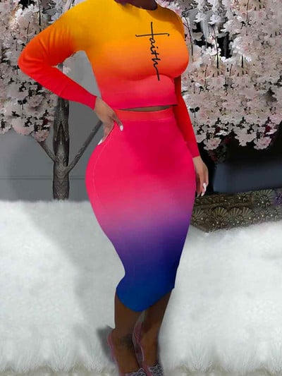 LW Plus Size γυναικεία στολή 2 τεμαχίων Gradient Letter print Σετ φούστα causal Μακρυμάνικα μπλουζάκια Bodycon Φούστα Σετ γυναικεία φόρμα