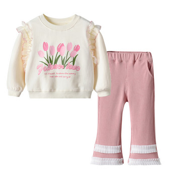 Комплект дантелен пуловер за момичета Пролет и есен Момиче Бебешки щампи на цветя Горнище с кръгло деколте и дълги ръкави + Клеш панталони 2 бр. Корейско облекло