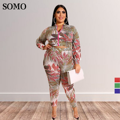 SOMO 2022 Plus Size εμπριμέ με φερμουάρ μακρυμάνικο Top Skinny μακρύ παντελόνι Casual σετ δύο τεμαχίων Γυναικεία ρούχα Χονδρική Dropshipping