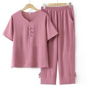 Γυναικεία σετ 2023 Καλοκαίρι με Κινέζικα κουμπιά Ice μεταξωτό μπλουζάκι Φαρδύ κομμένο παντελόνι Δύο τεμαχίων Υπερμεγέθη καμπύλα ρούχα