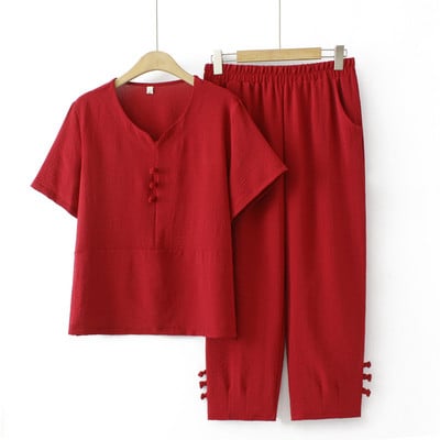 Γυναικεία σετ 2023 Καλοκαίρι με Κινέζικα κουμπιά Ice μεταξωτό μπλουζάκι Φαρδύ κομμένο παντελόνι Δύο τεμαχίων Υπερμεγέθη καμπύλα ρούχα